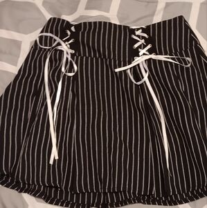 Black and White Striped Skirt with Lace-Up Detail